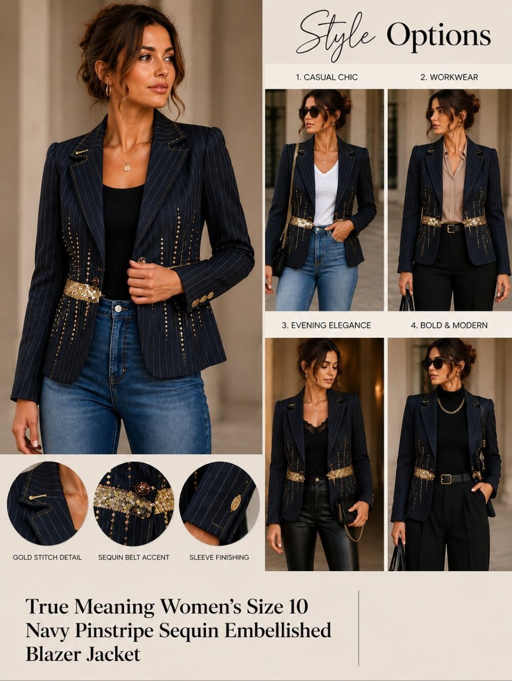 True Meaning Women’s Size 10 Navy Pinstripe Sequin Embellished Blazer Jacket